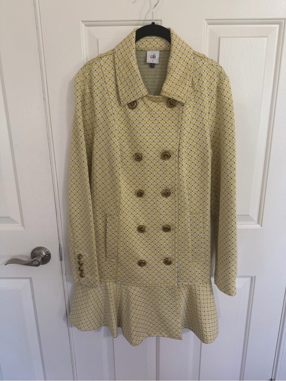 CAbi Hobnob Topper - Yellow Patterned Double-Breasted Peacoat with Ruffle Hem - Picture 9 of 10